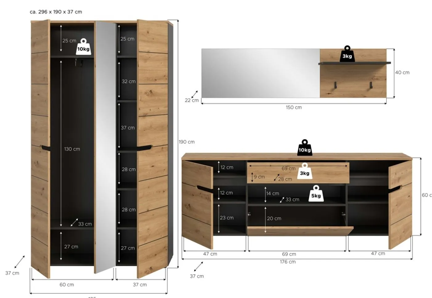 Garderoben-Set Canu 4 | Basalt grau / Artisan Eiche | 3-teilig