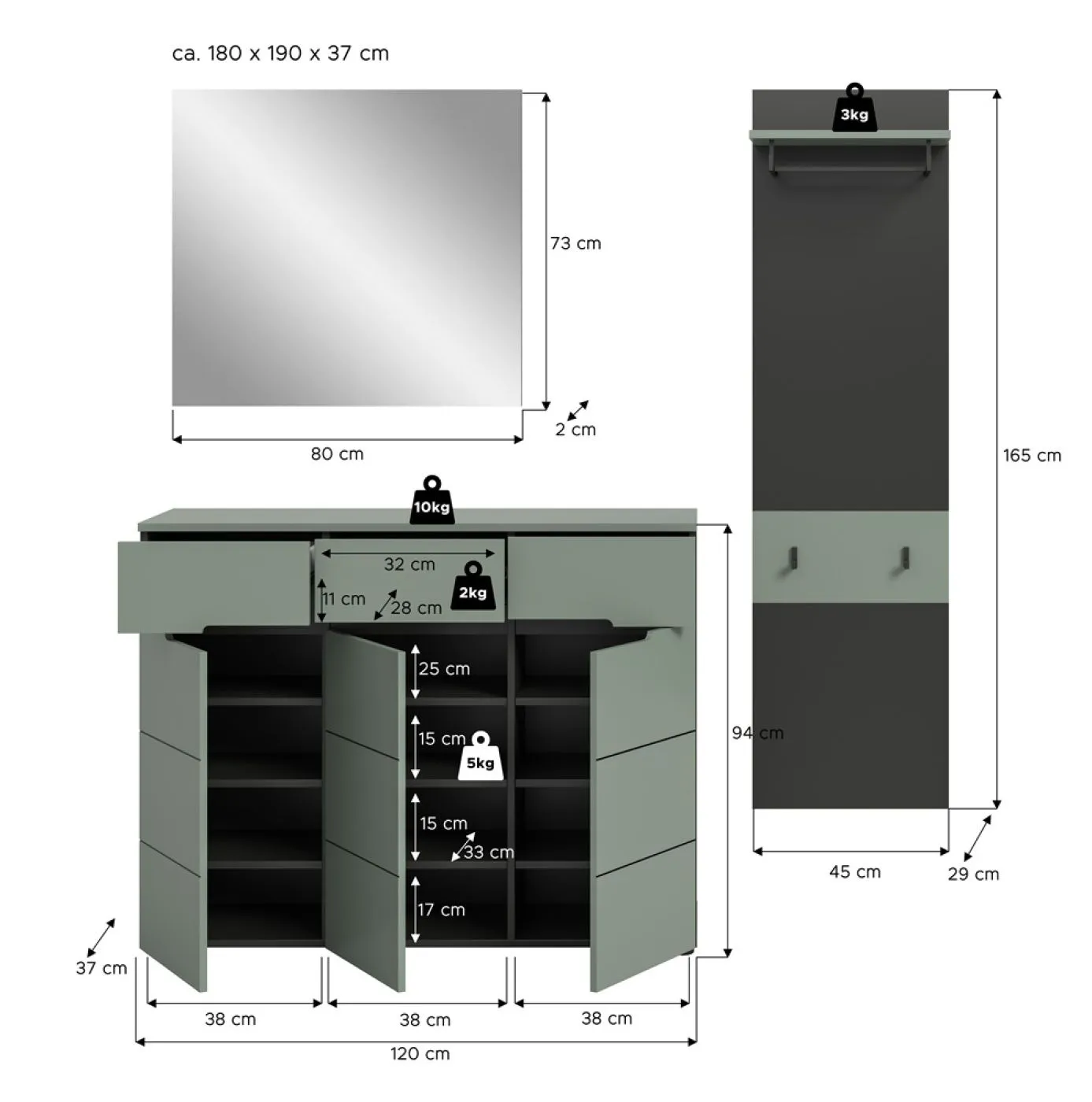 Garderoben-Set Canu 4 | Basalt grau / Smoke Green | 3-teilig
