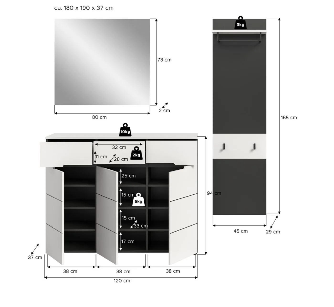 Garderoben-Set Canu 4 | Basalt grau / Weiß | 3-teilig