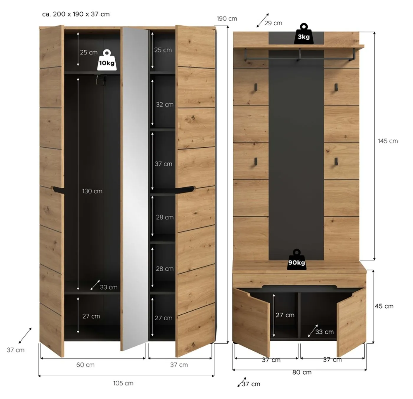 Garderoben-Set Canu 5 | Basalt grau / Artisan | 3-teilig mit Sitzkissen