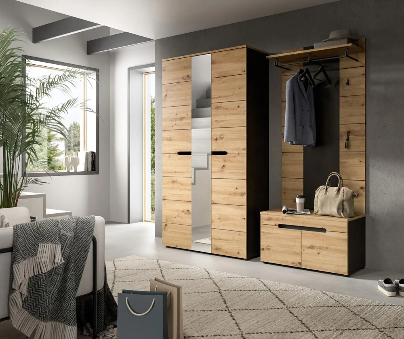 Garderoben-Set Canu 5 | Basalt grau / Artisan | 3-teilig mit Sitzkissen