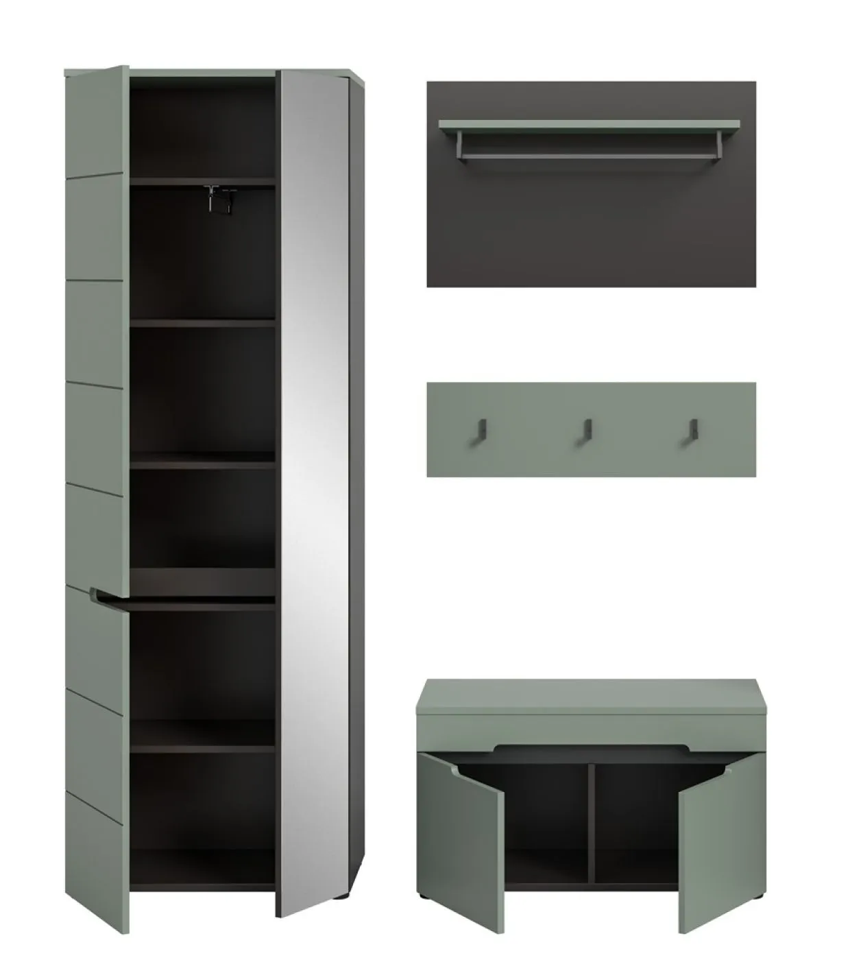 Garderoben-Set Canu | Basalt grau / Smoke Green | 3-teilig mit Sitzkissen