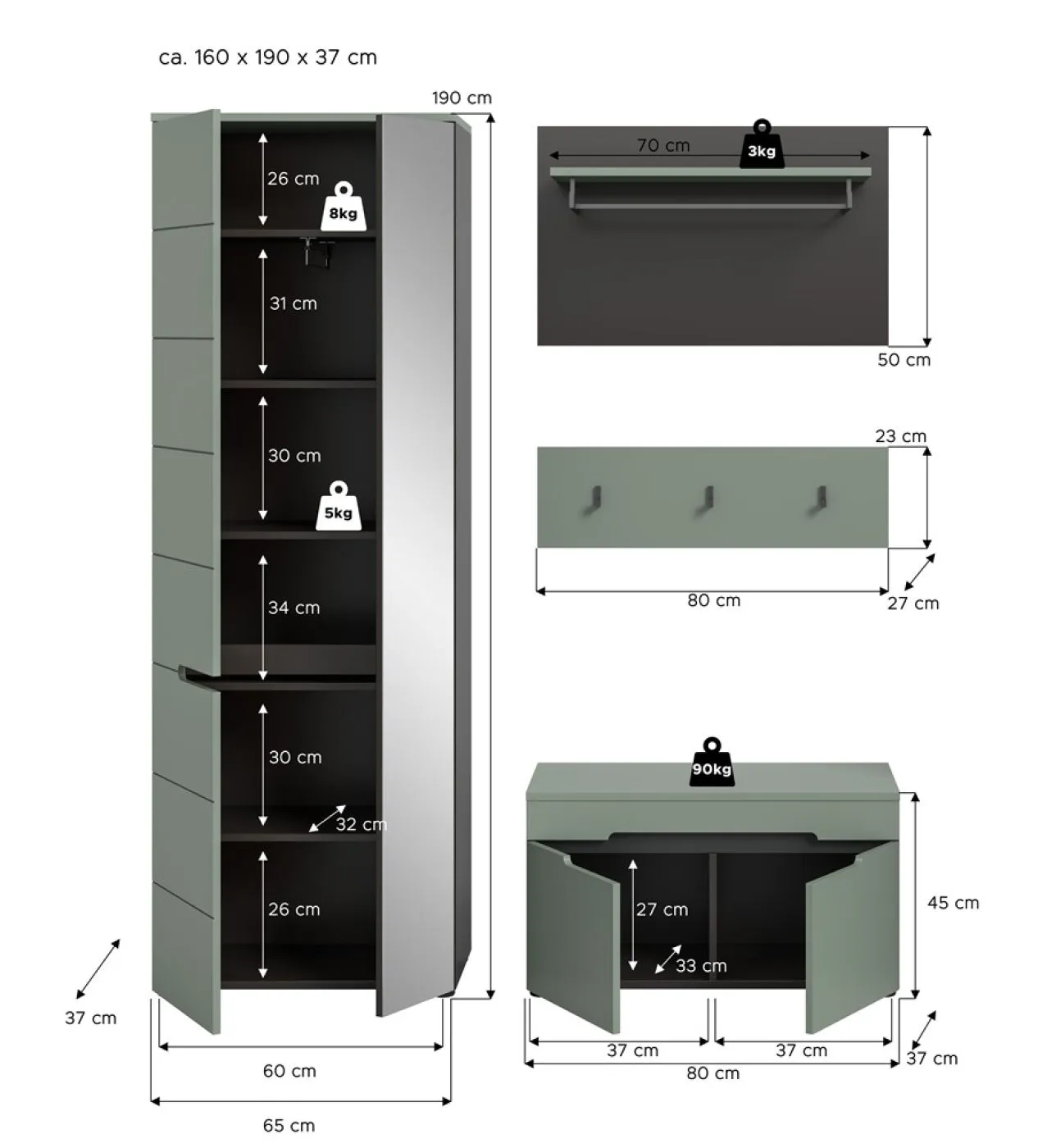 Garderoben-Set Canu | Basalt grau / Smoke Green | 4-teilig ohne