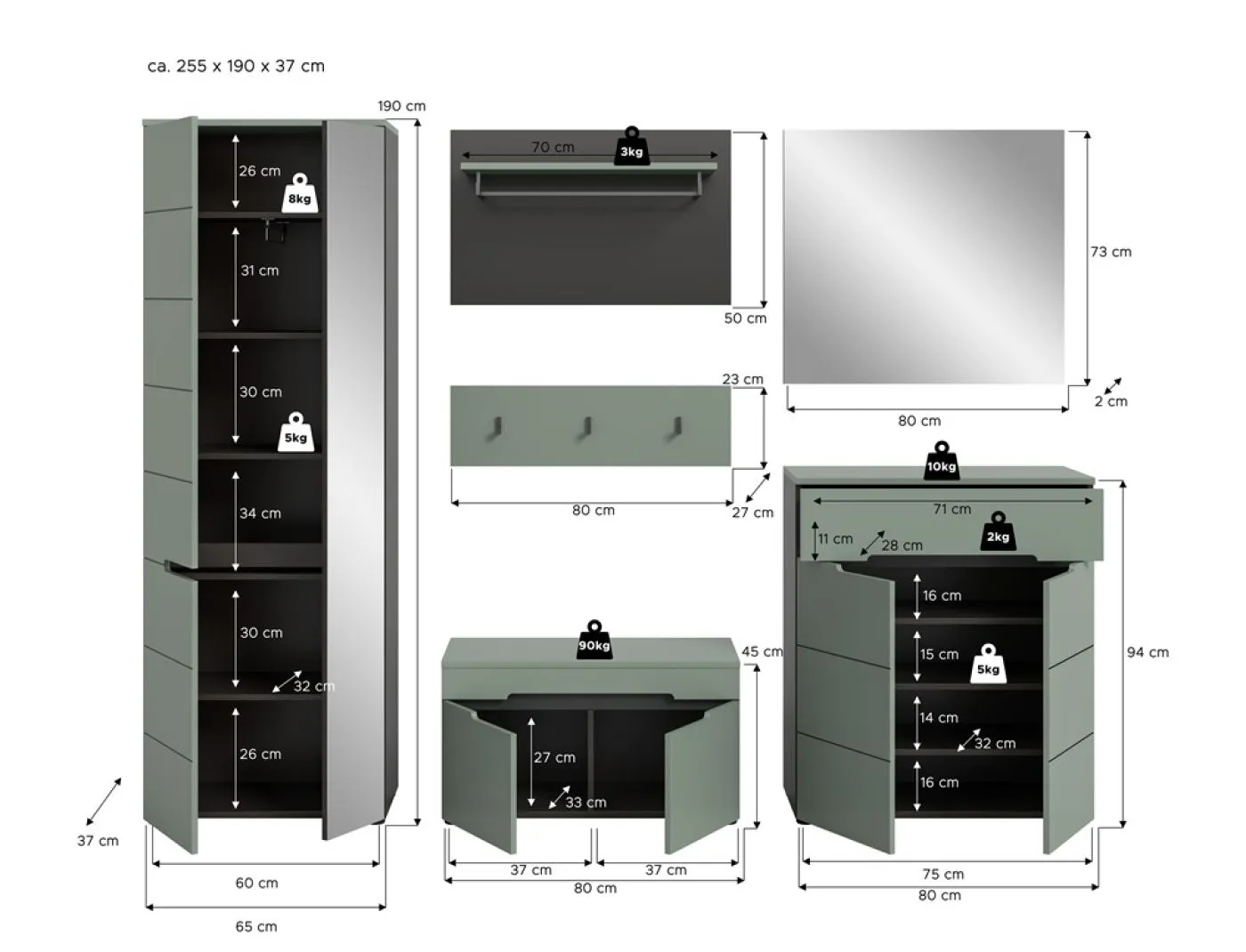 Garderoben-Set Canu | Basalt grau / Smoke Green | 5-teilig ohne