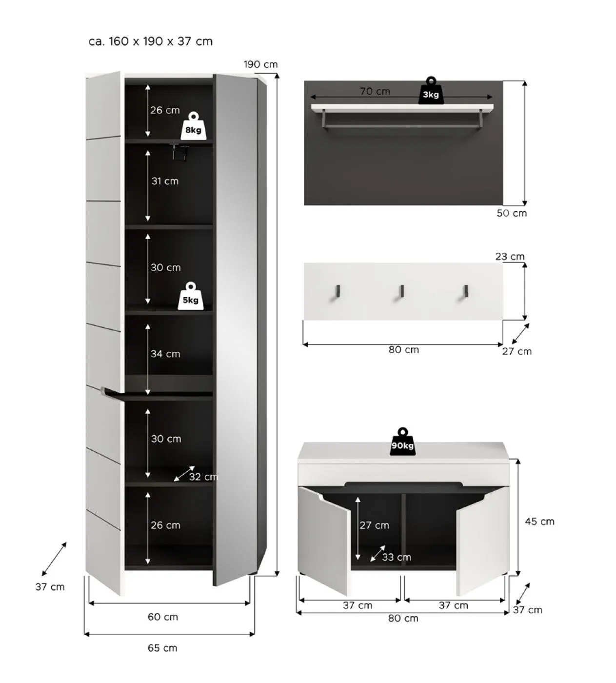 Garderoben-Set Canu | Basalt grau / Weiß | 3-teilig