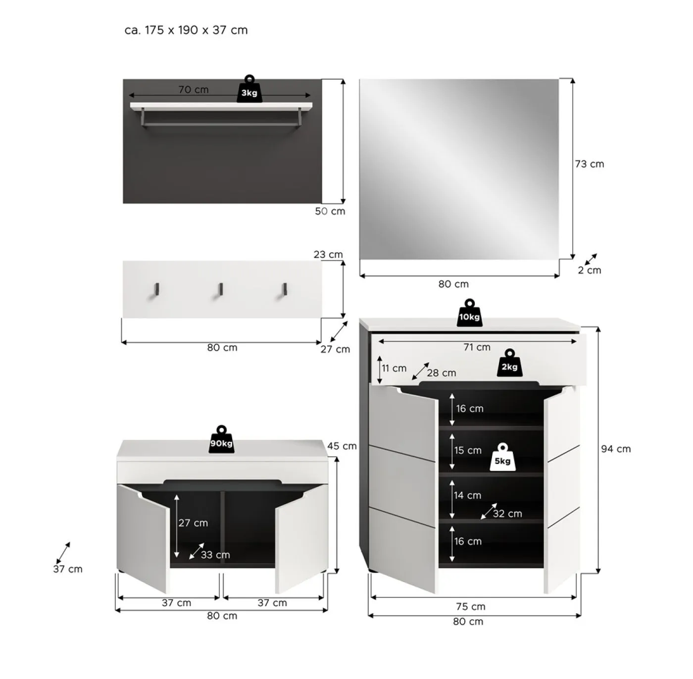 Garderoben-Set Canu | Basalt grau / Weiß | 4-teilig ohne