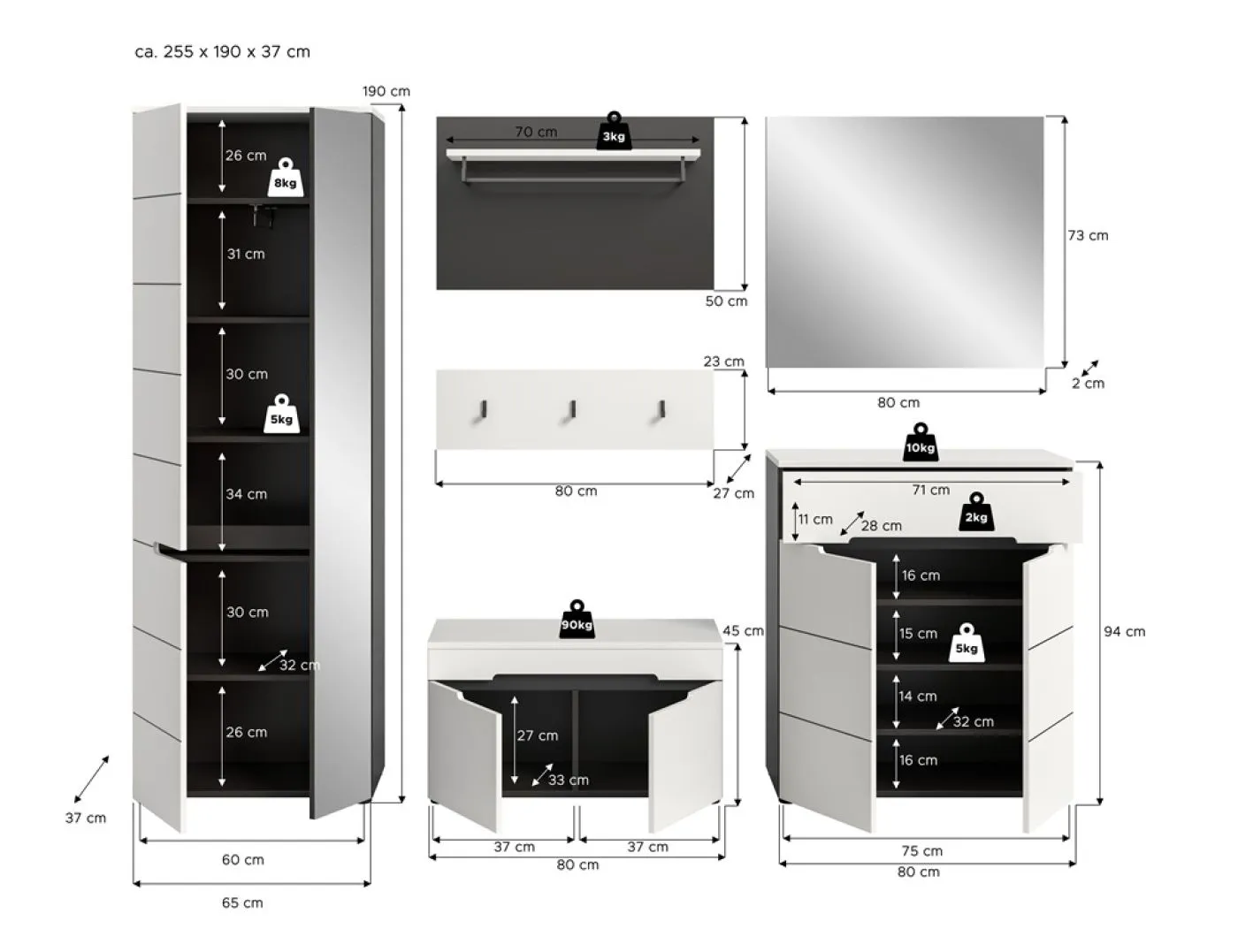 Garderoben-Set Canu | Basalt grau / Weiß | 5-teilig