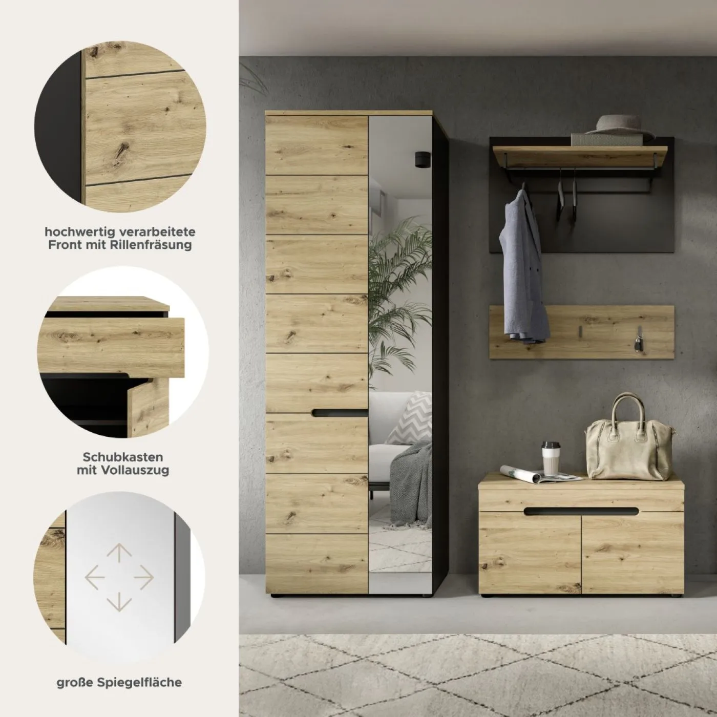 Garderoben-Set Canu | grau / Artisan Eiche | 3-teilig ohne Sitzkissen