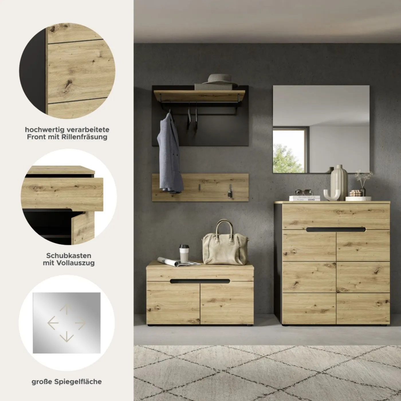 Garderoben-Set Canu | grau / Artisan Eiche | 4-teilig