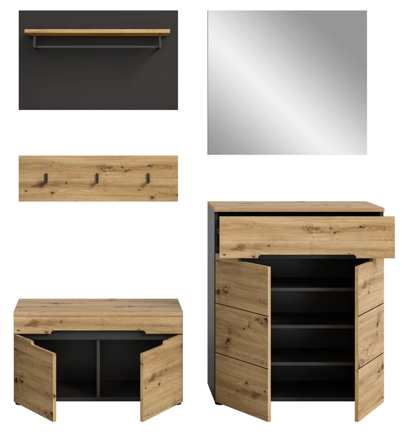 Garderoben-Set Canu | grau / Artisan Eiche | 4-teilig mit Sitzkissen