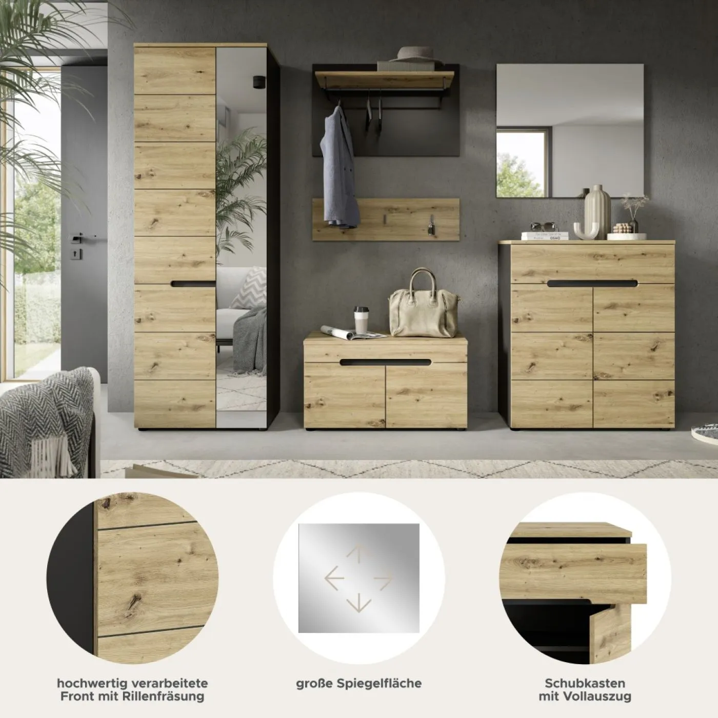 Garderoben-Set Canu | grau / Artisan Eiche | 5-teilig