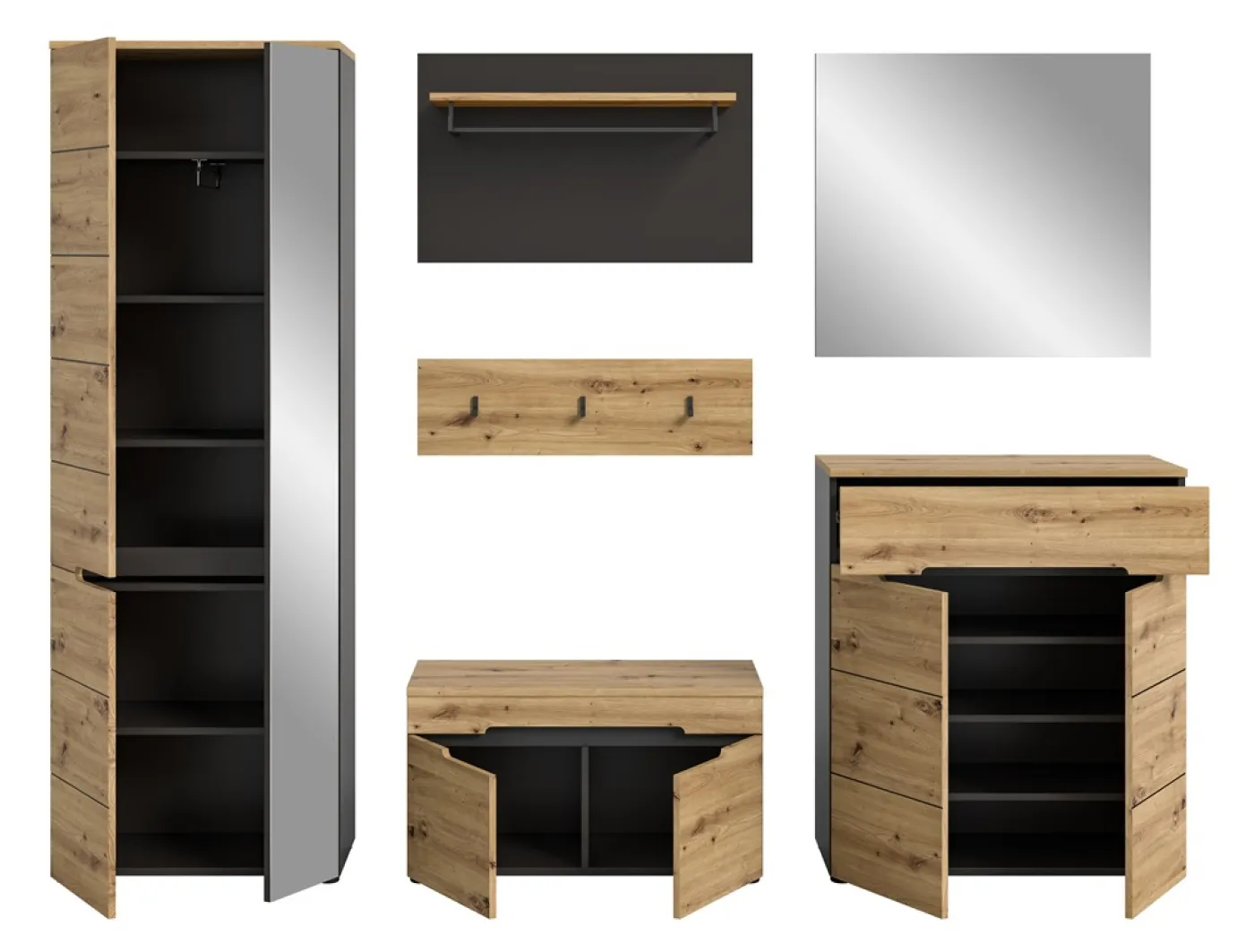 Garderoben-Set Canu | grau / Artisan Eiche | 5-teilig mit Sitzkissen
