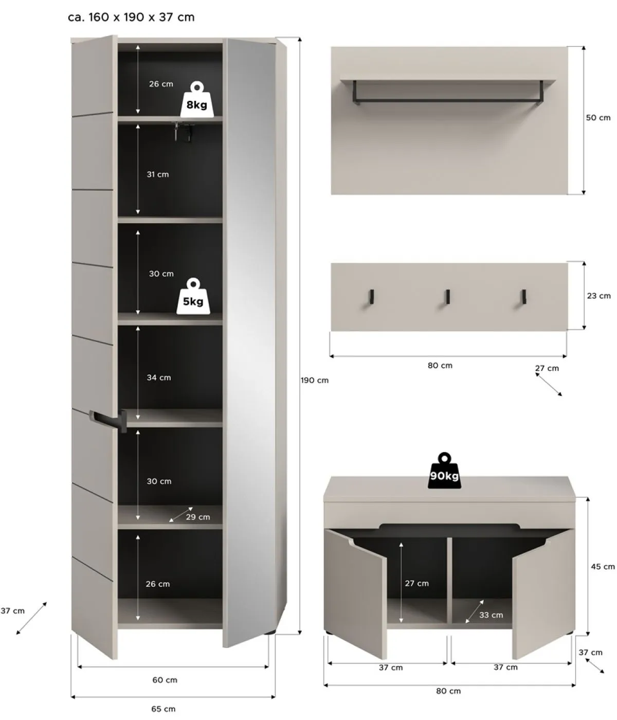 Garderoben-Set Canu | Kaschmir / Basalt grau | 3-teilig mit Sitzkissen