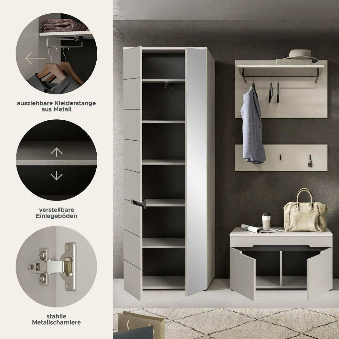 Garderoben-Set Canu | Kaschmir / Basalt grau | 3-teilig mit Sitzkissen