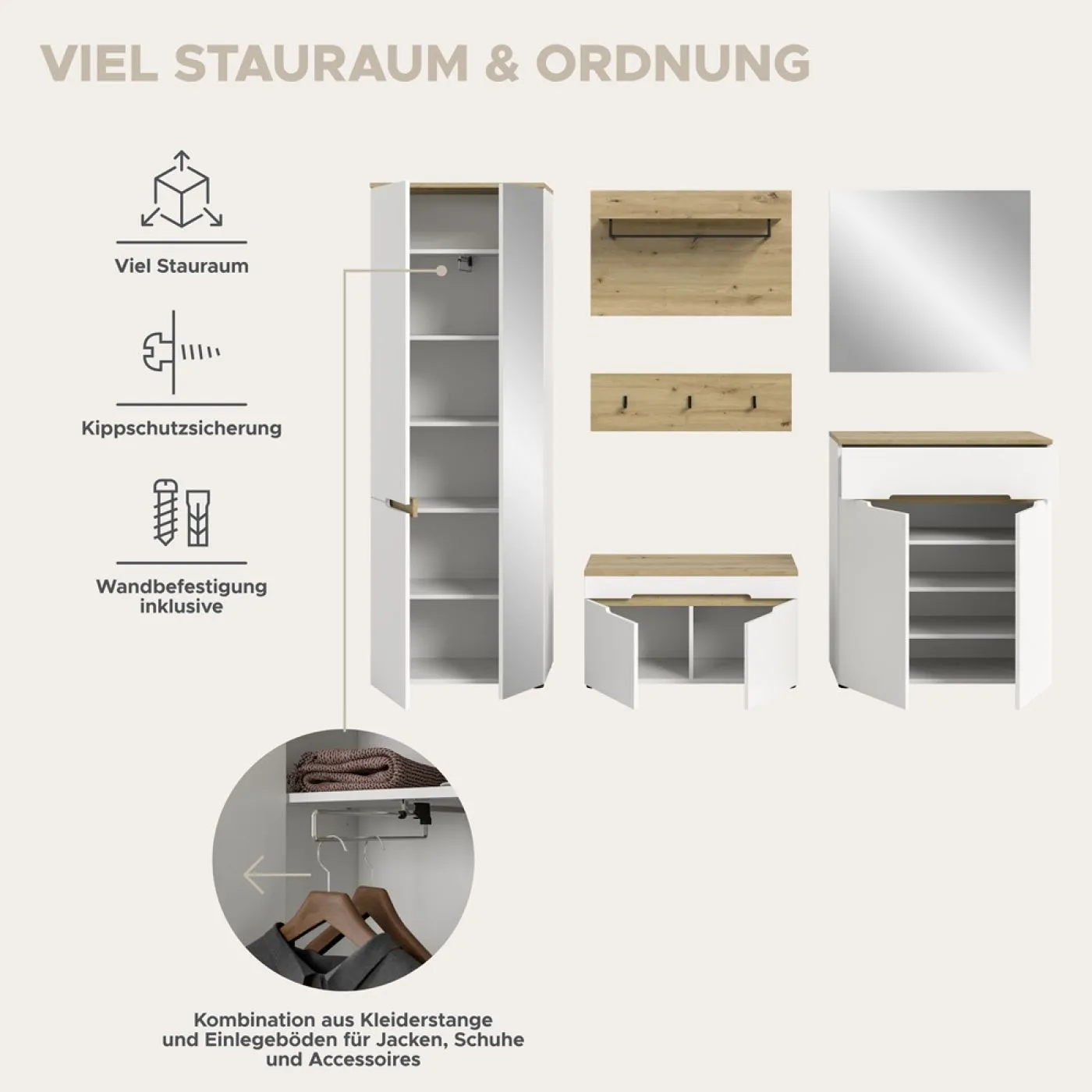 Garderoben-Set Canu | Weiß / Artisan Eiche | 5-teilig mit Kissen