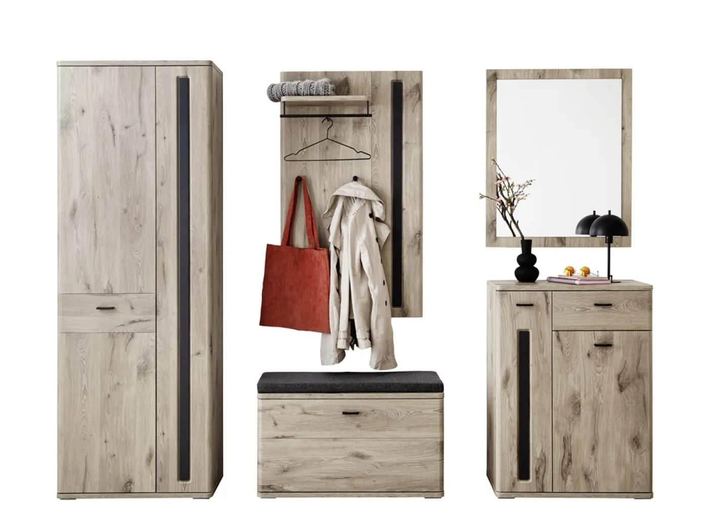 Garderoben Set Colorado | Viking Oak / Graphit schwarz mit Sitzkissen