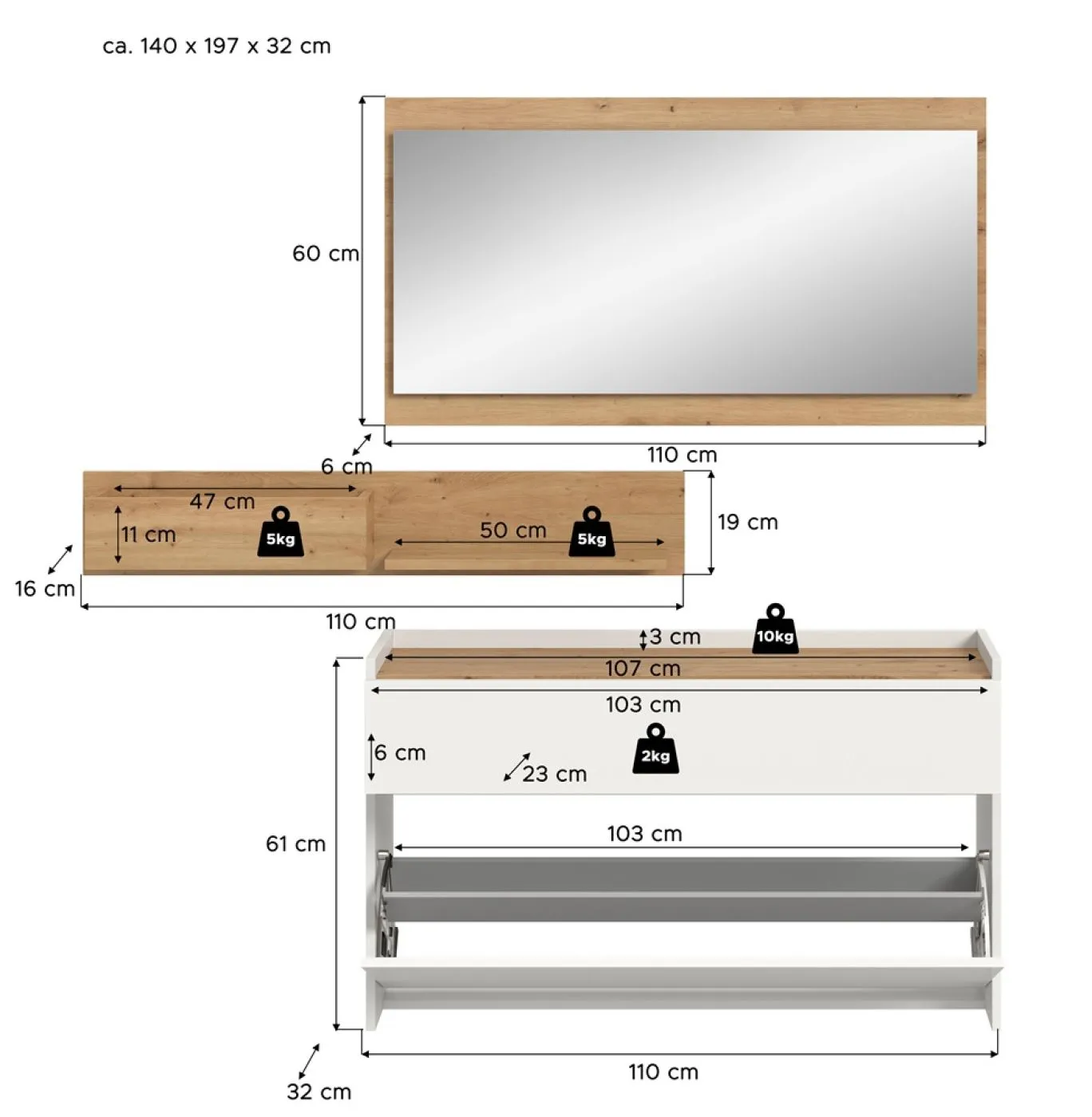 Garderoben-Set Drive 1 | weiß / Artisan Oak | 3-teilig