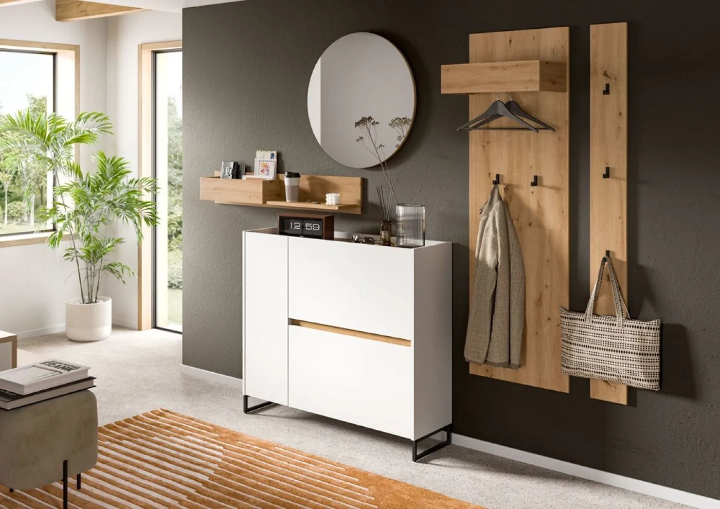 Garderoben-Set Drive 1 | weiß / Artisan Oak | 5-teilig mit Beleuchtung