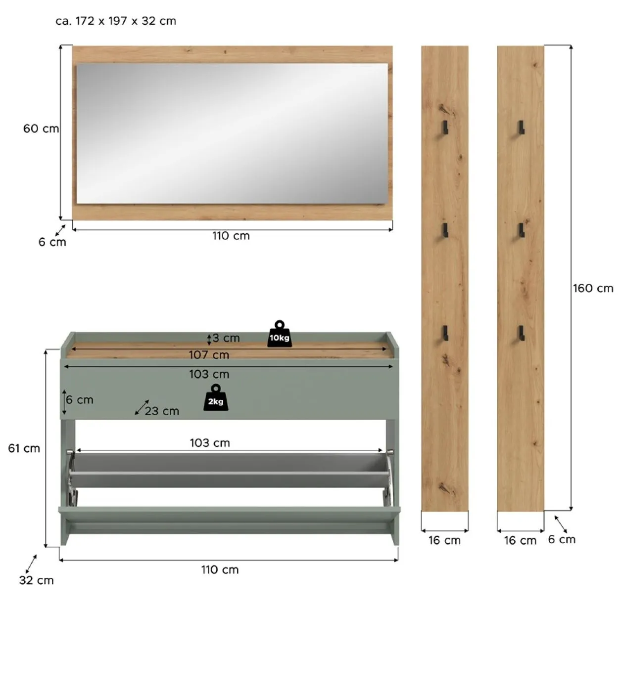 Garderoben-Set Drive 3 | Salbei / Artisan Oak | 4-teilig mit Beleuchtung