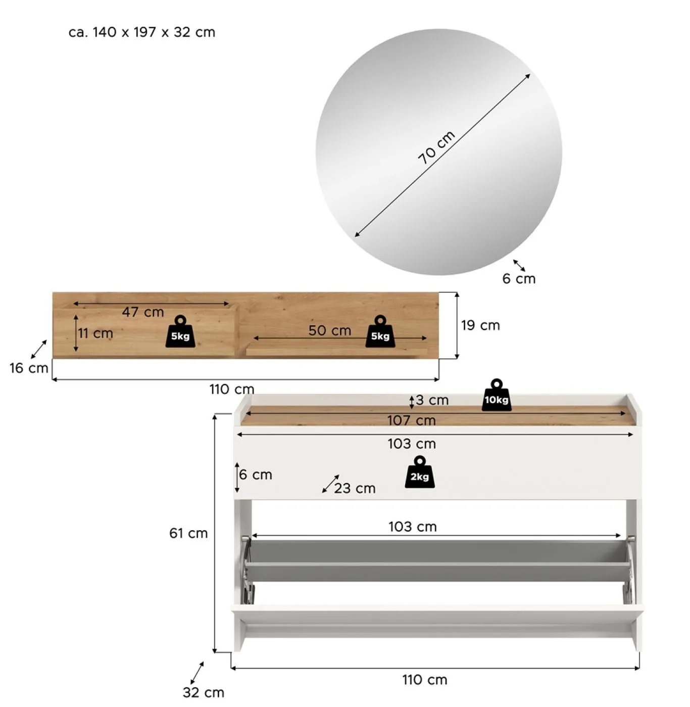 Garderoben-Set Drive 3 | weiß / Artisan Oak | 3-teilig