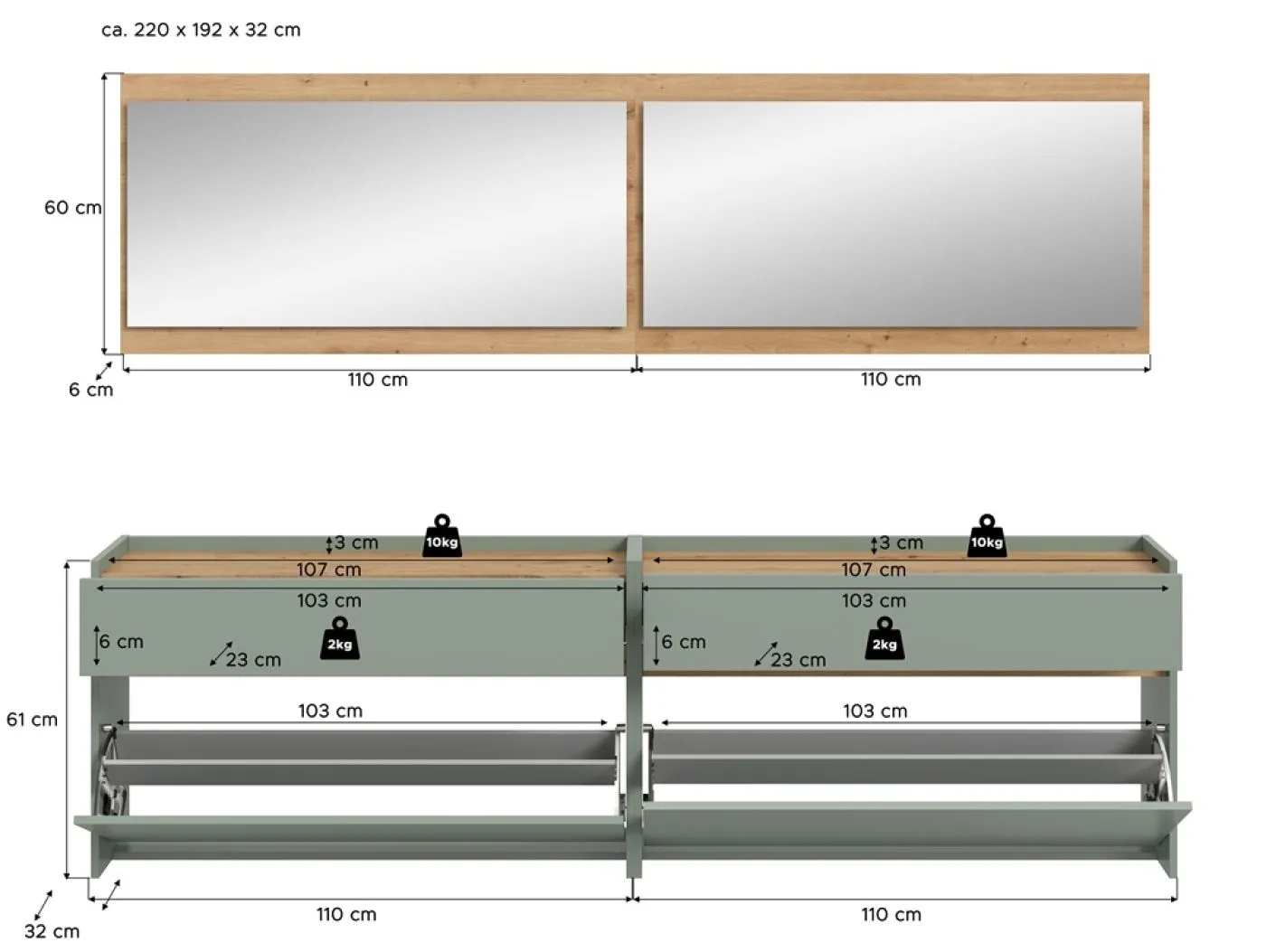 Garderoben-Set Drive 5 | Salbei / Artisan Oak | 4-teilig ohne Beleuchtung