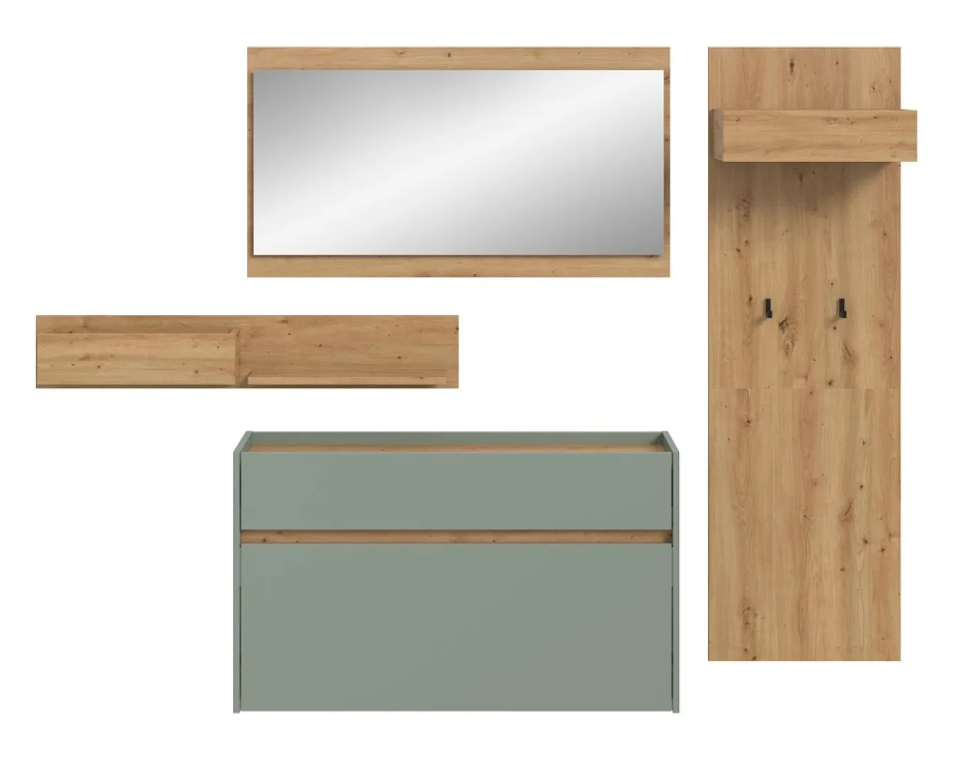 Garderoben-Set Drive | Salbei / Artisan Oak | 4-teilig mit Beleuchtung