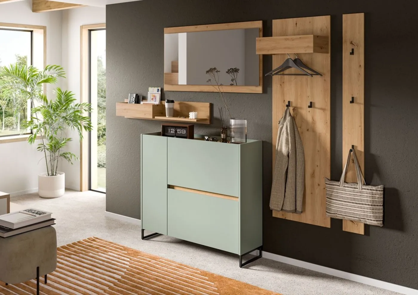 Garderoben-Set Drive | Salbei / Artisan Oak | 5-teilig ohne Beleuchtung