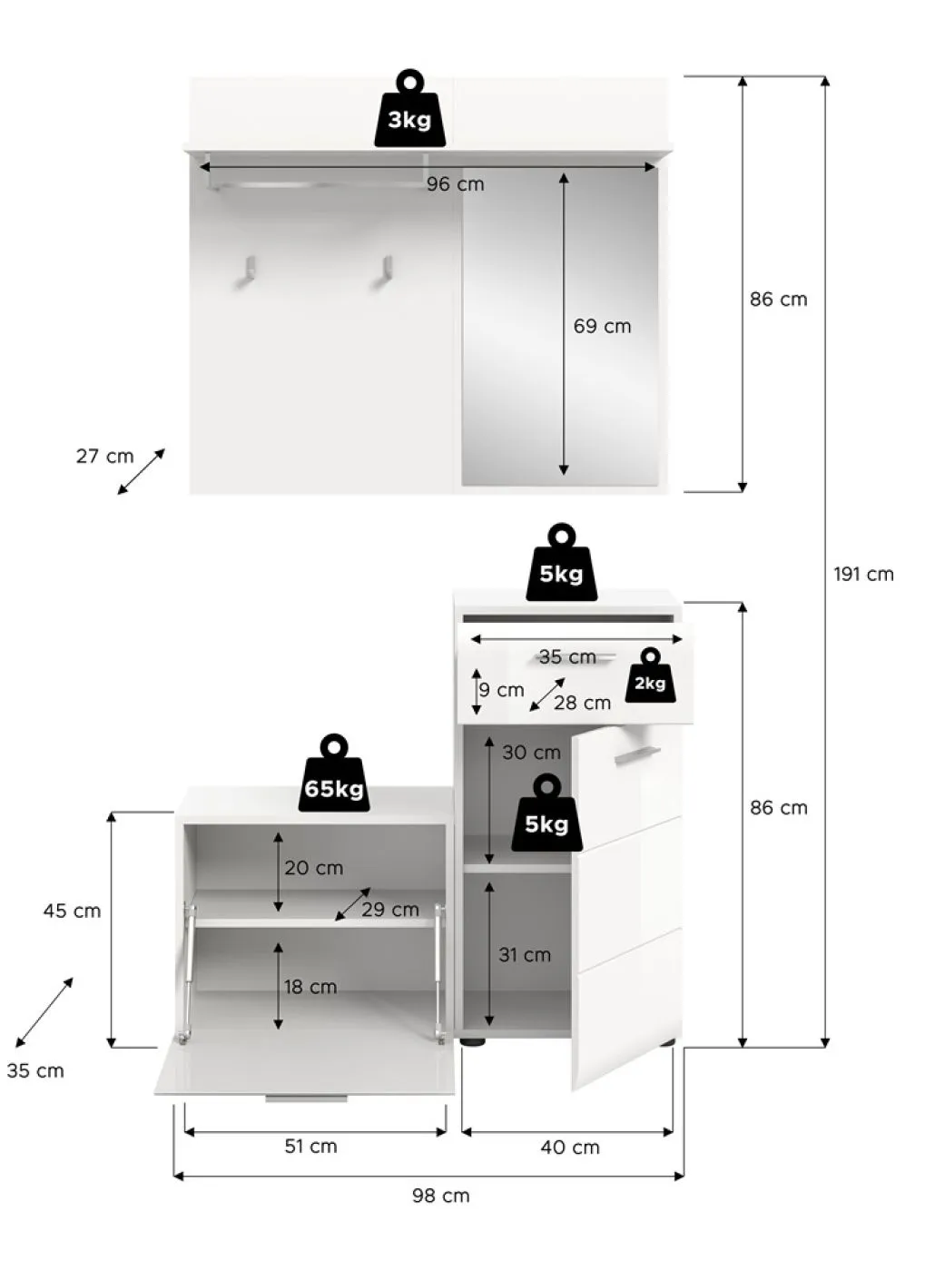 Garderoben-Set Ice | weiß hochglanz | 3-teilig