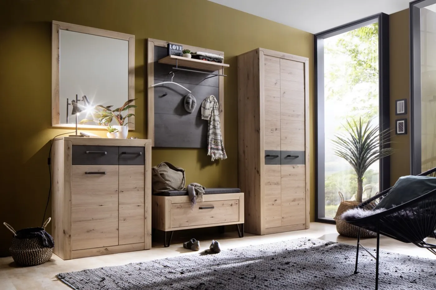 Garderoben Set Incata | Balkeneiche / Oxid grau | 5-teilig ohne Sitzkissen