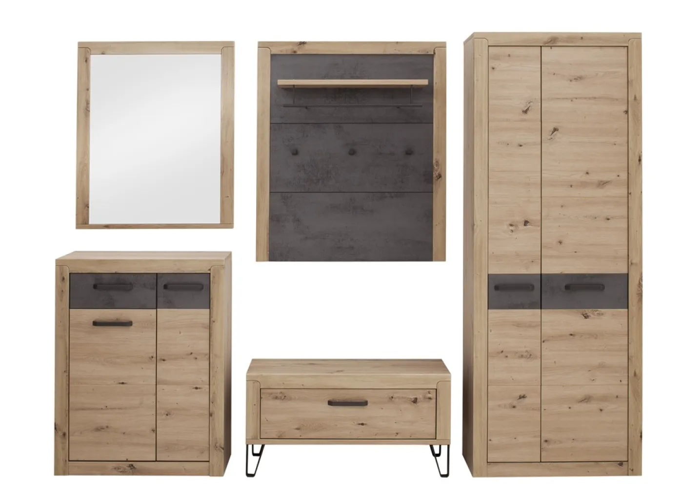 Garderoben Set Incata | Balkeneiche / Oxid grau | 5-teilig ohne Sitzkissen