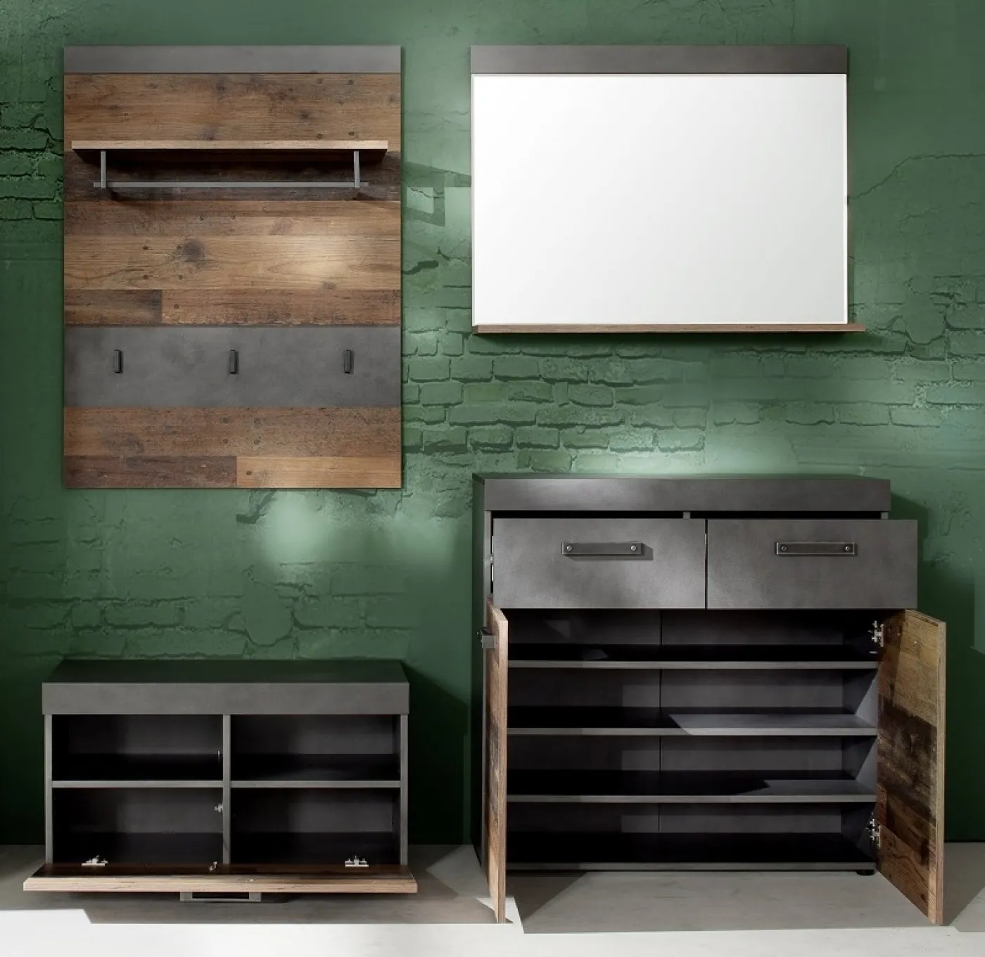 Garderoben-Set Indy | Old Used Wood / Matera grau | 4-teilig | Shabby Look