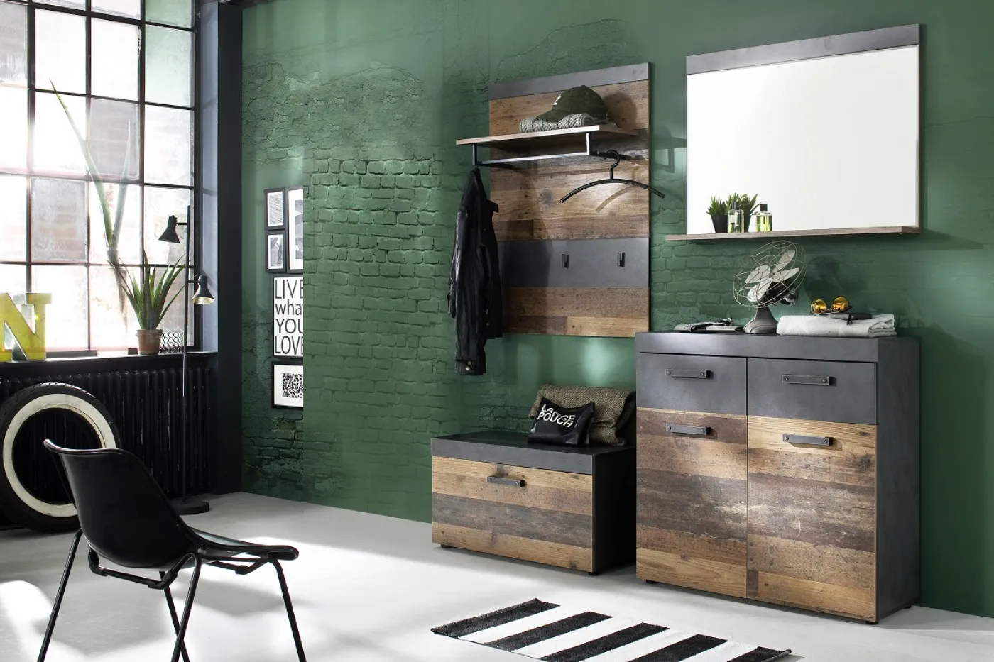 Garderoben-Set Indy | Old Used Wood / Matera grau | 4-teilig | Shabby Look