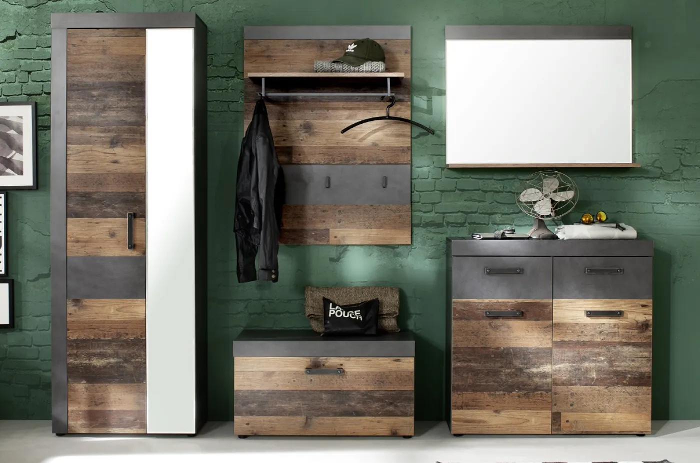 Garderoben-Set Indy | Old Used Wood / Matera grau | 5-teilig | Shabby Look