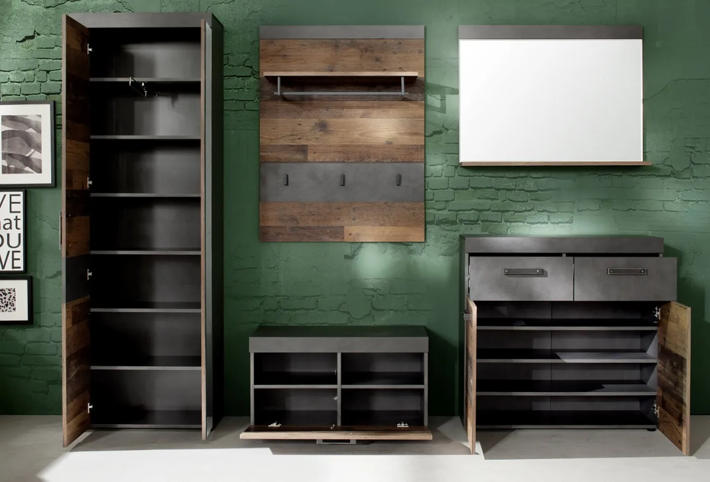 Garderoben-Set Indy | Old Used Wood / Matera grau | 5-teilig | Shabby Look