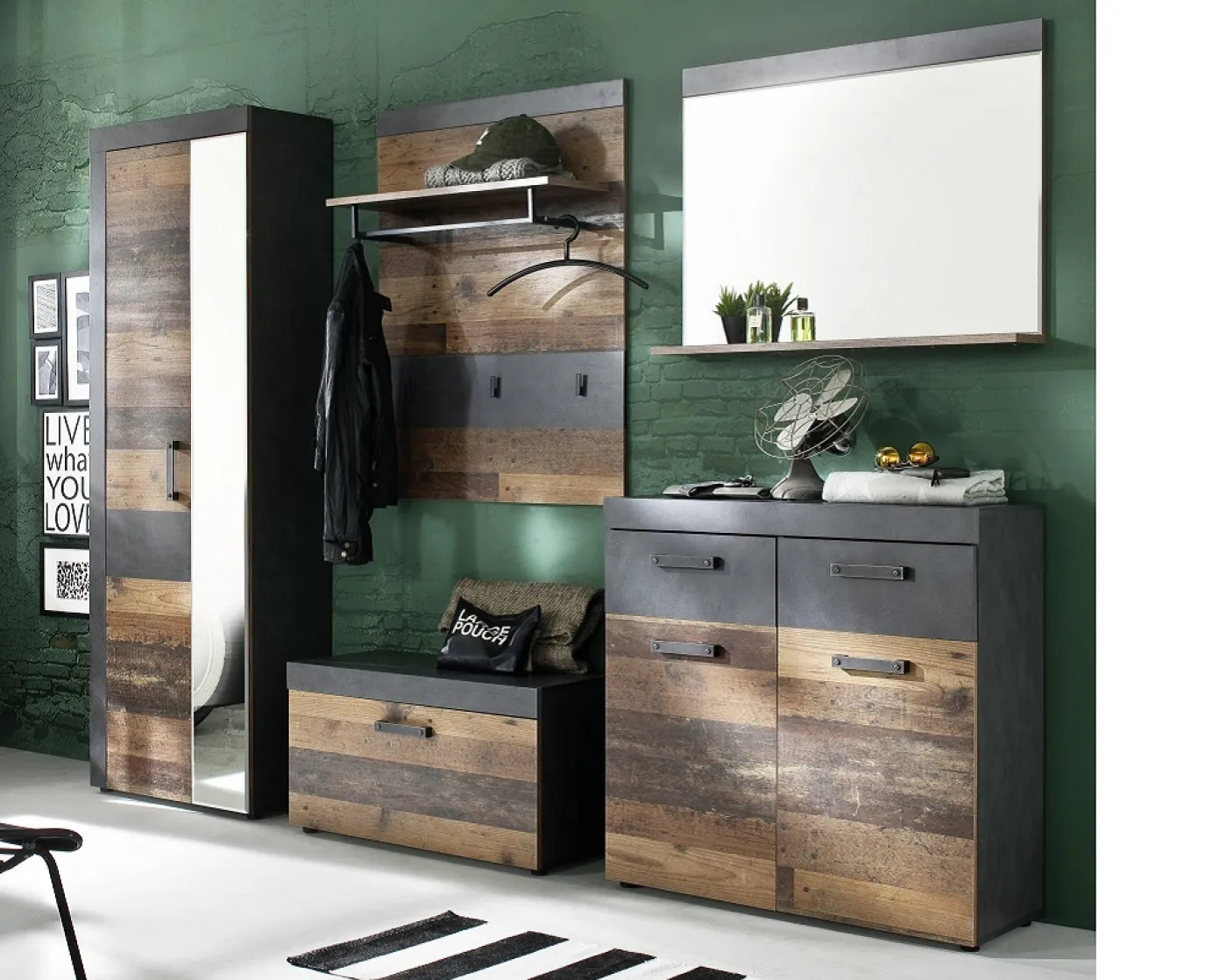 Garderoben-Set Indy | Old Used Wood / Matera grau | 5-teilig | Shabby Look