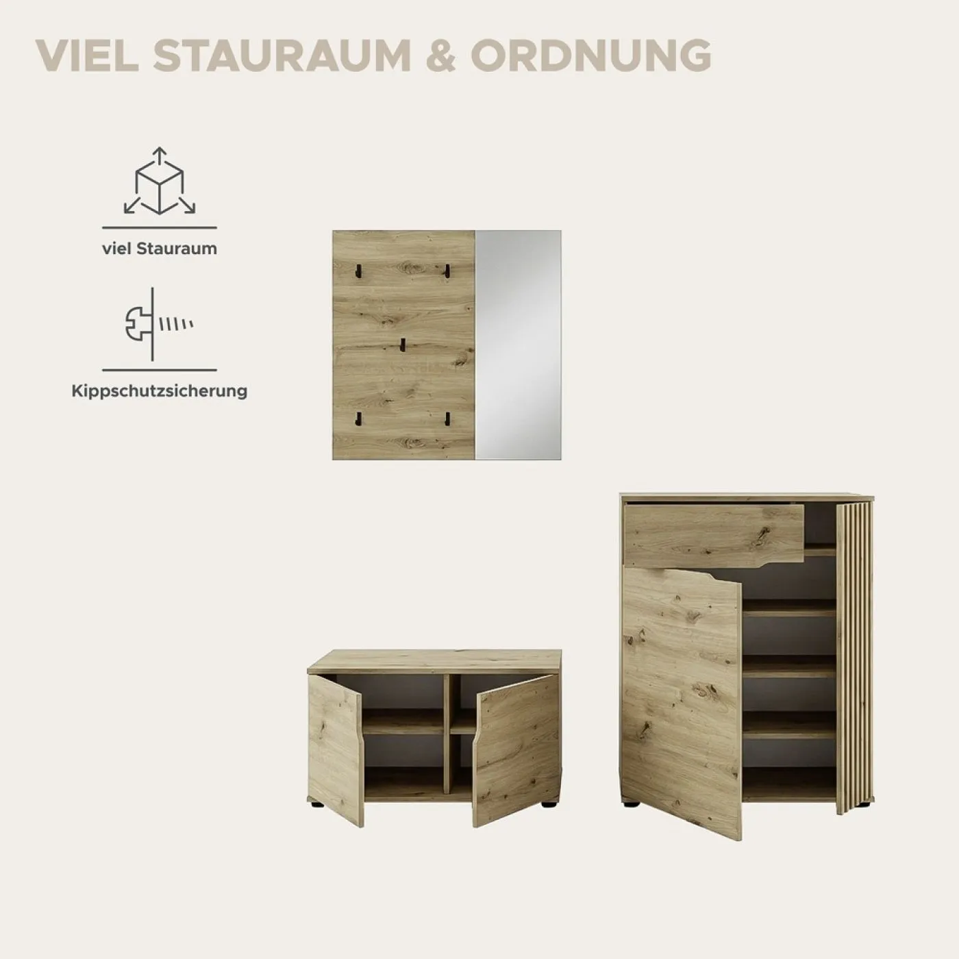 Garderoben-Set Keno 1 | Artisan Eiche | 3-teilig mit Sitzkissen