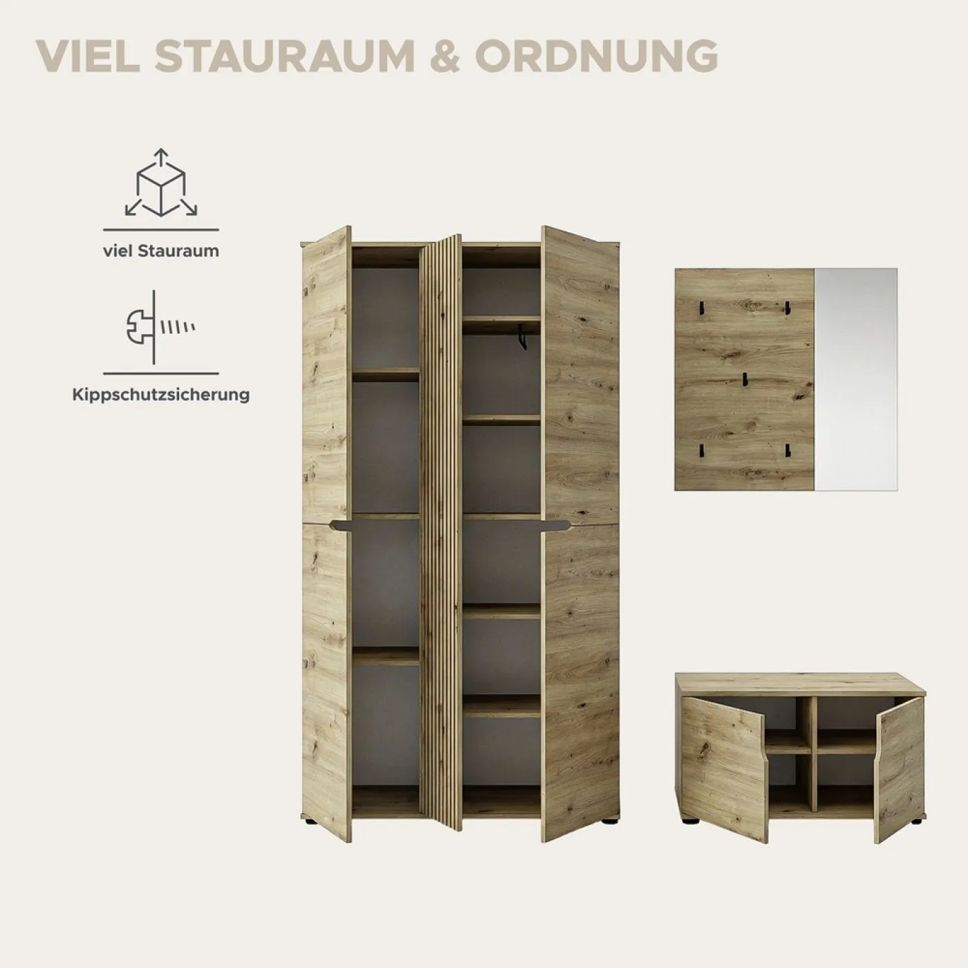 Garderoben-Set Keno 2 | Artisan Eiche | 3-teilig mit Sitzkissen