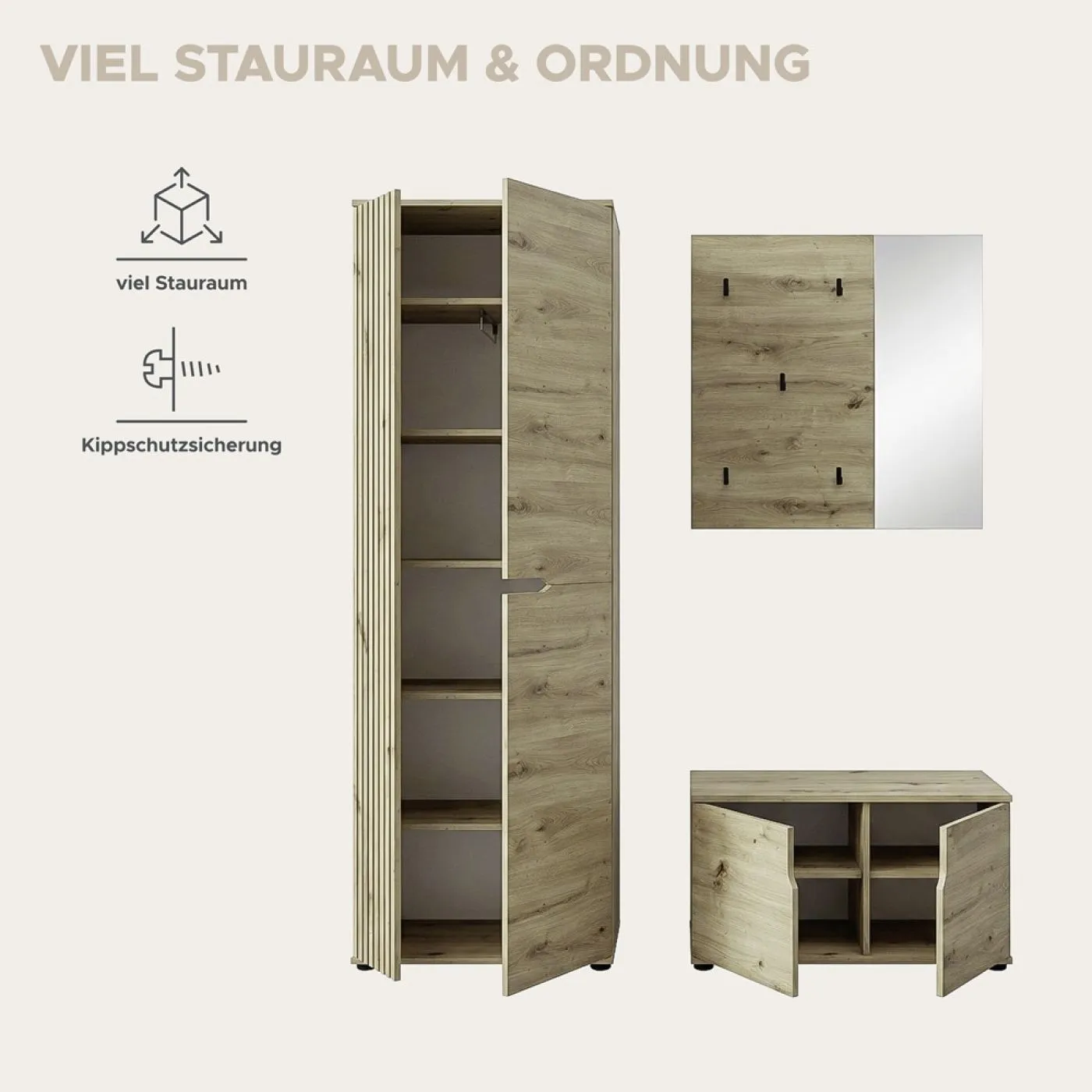 Garderoben-Set Keno | Artisan Eiche | 3-teilig ohne Sitzkissen