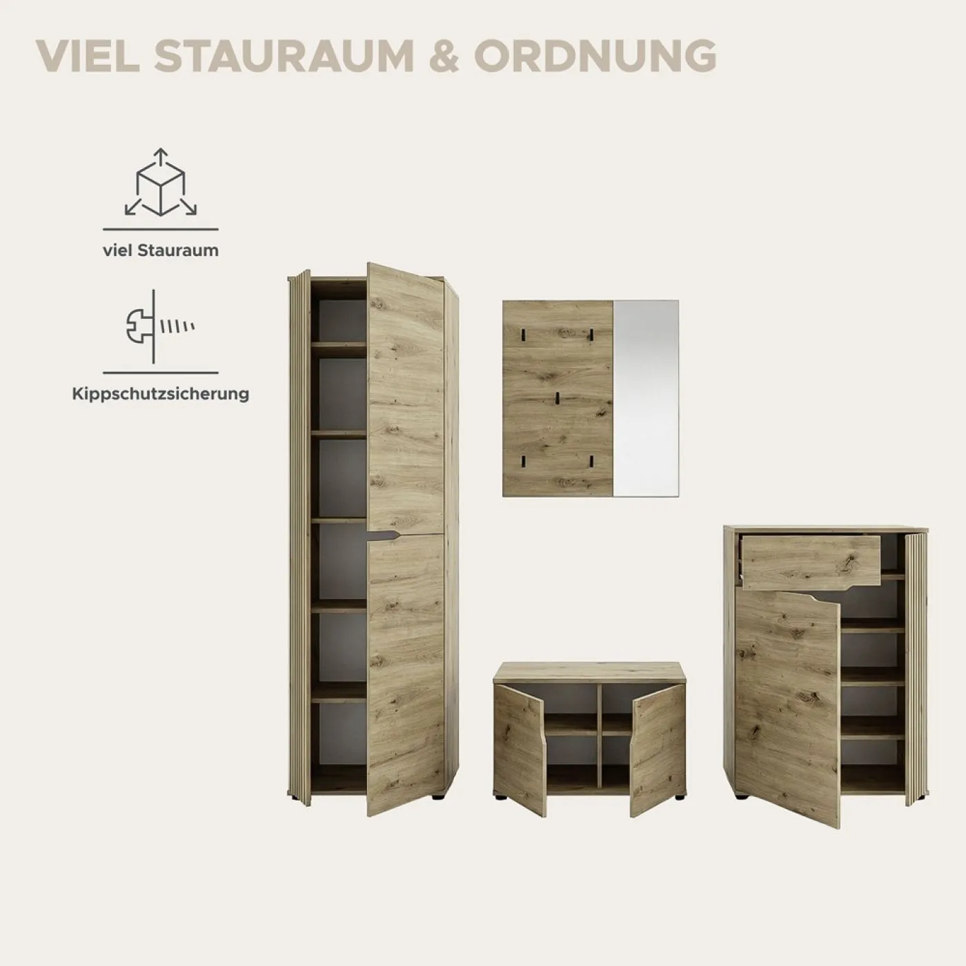 Garderoben-Set Keno | Artisan Eiche | 4-teilig ohne Sitzkissen