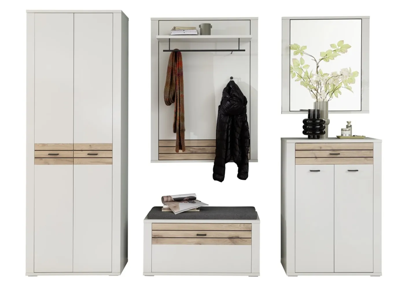 Garderoben Set Mantena | Modern White / Viking Oak | 5-teilig mit Sitzkissen