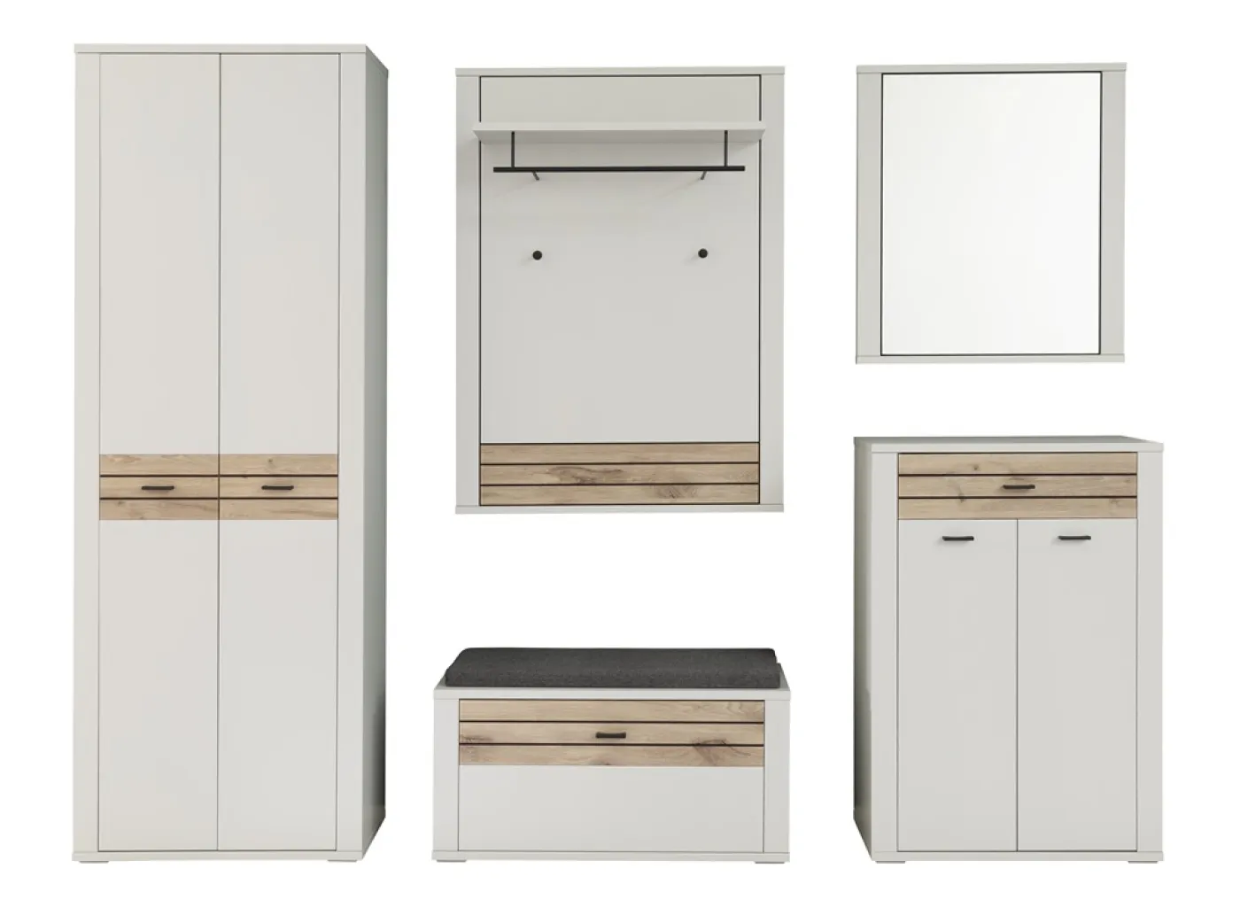 Garderoben Set Mantena | Modern White / Viking Oak | 5-teilig mit Sitzkissen
