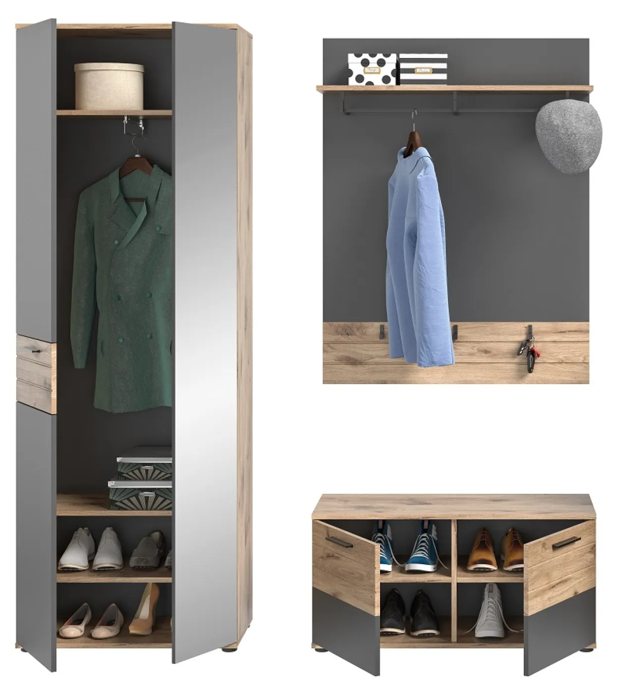 Garderoben-Set Mason | Nox Oak / Basalt Grau | 3-teilig