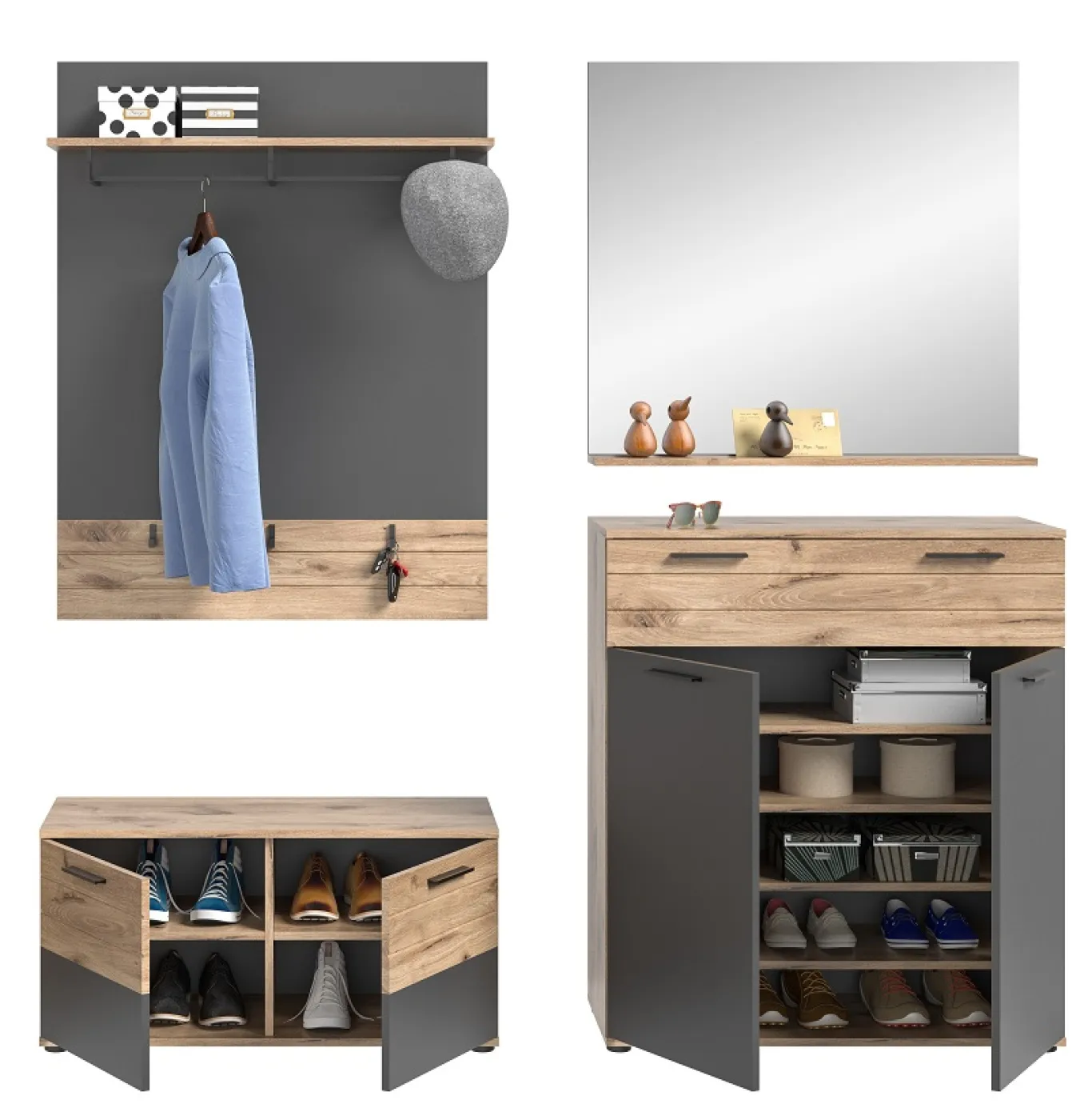 Garderoben-Set Mason | Nox Oak / Basalt Grau | 4-teilig