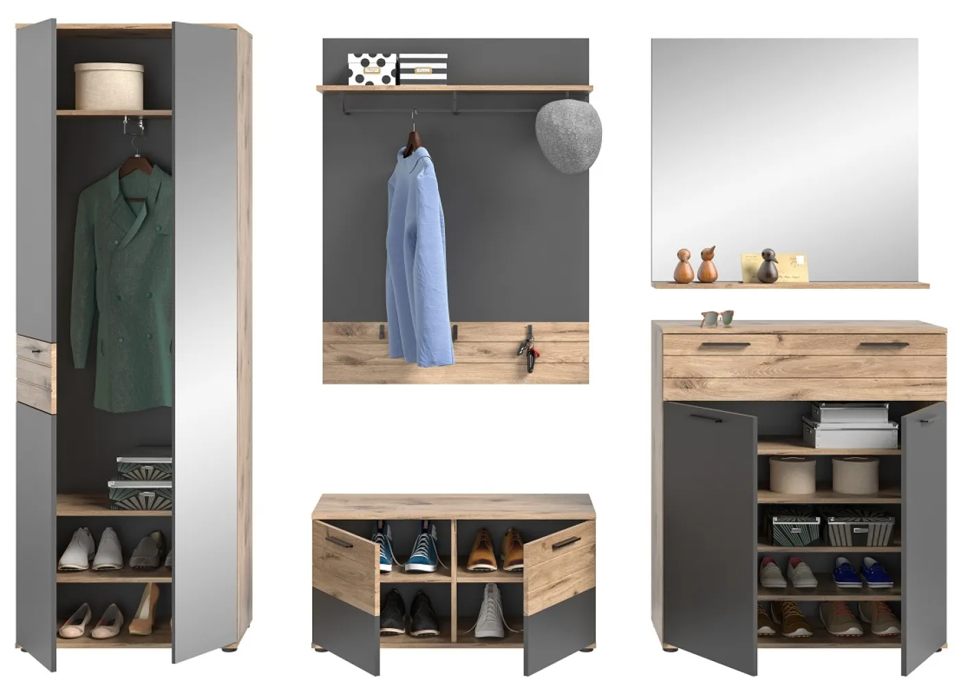 Garderoben-Set Mason | Nox Oak / Basalt grau | 5-teilig mit Sitzkissen