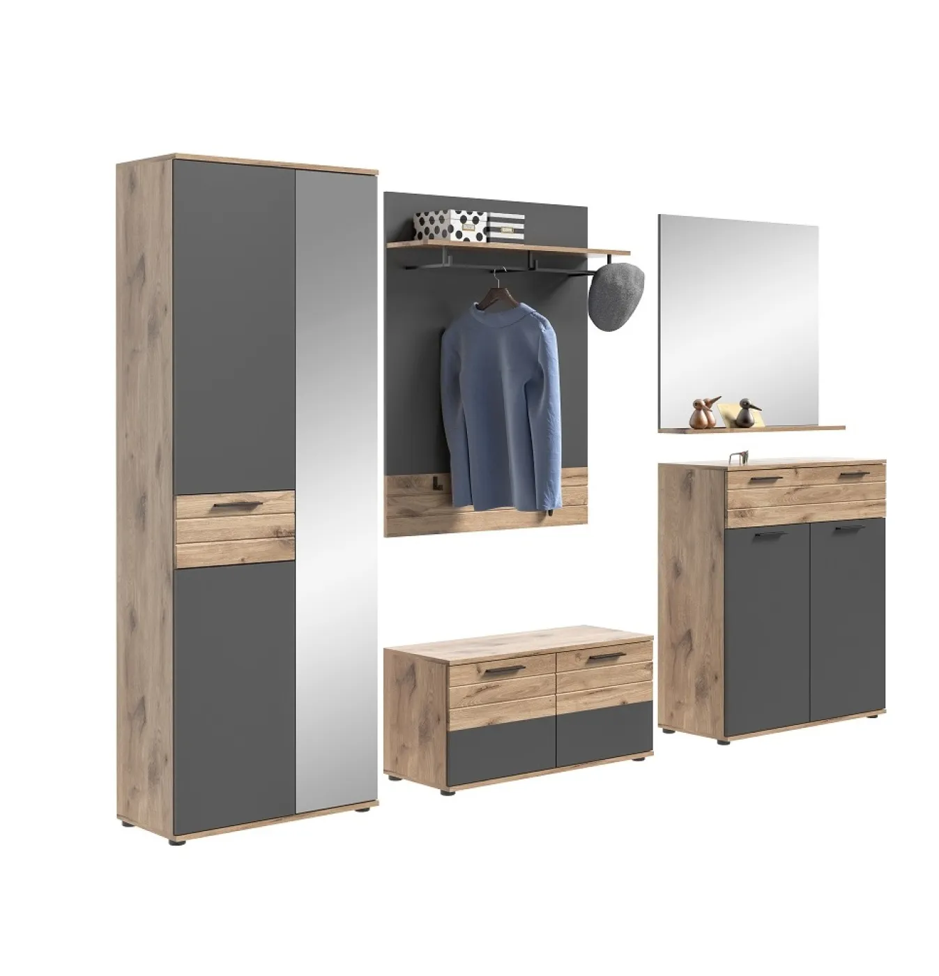 Garderoben-Set Mason | Nox Oak / Basalt grau | 5-teilig ohne Sitzkissen