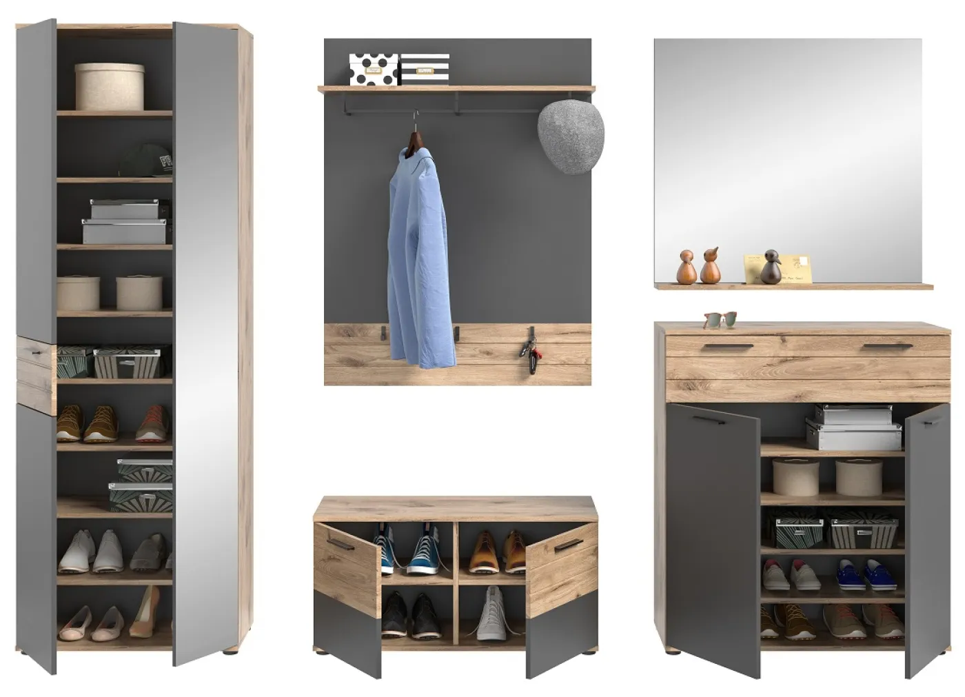 Garderoben-Set Mason | Nox Oak / Basalt grau | 5-teilig ohne Sitzkissen
