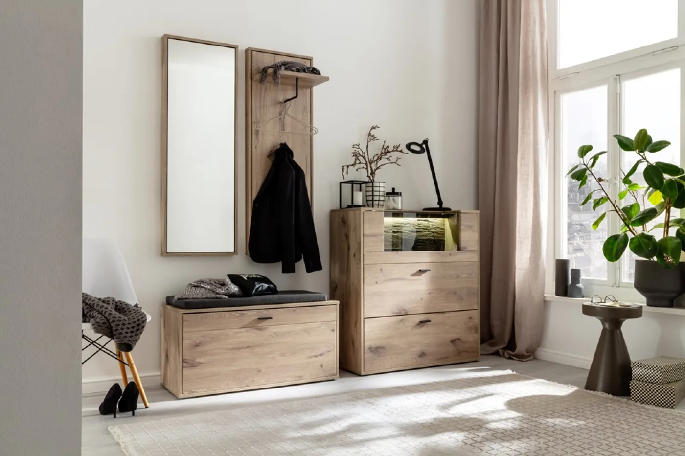 Garderoben Set Mezzano 1 | Viking Oak | 3-teilig mit Beleuchtung mit Sitzkissen