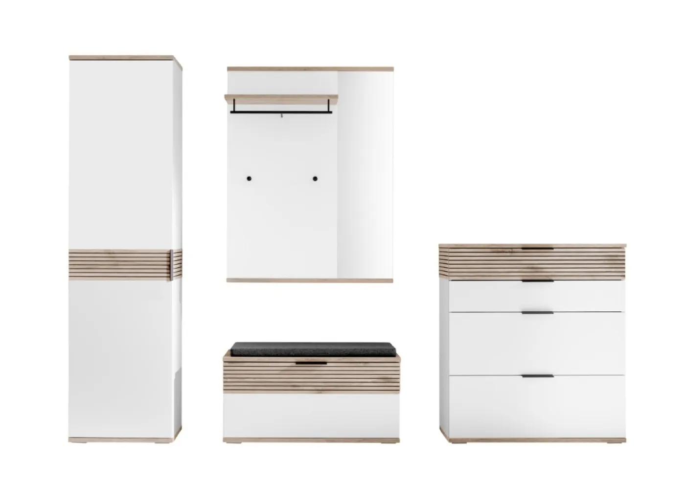 Garderoben Set Montello | Soft white / Viking Oak | 4-teilig mit Sitzkissen