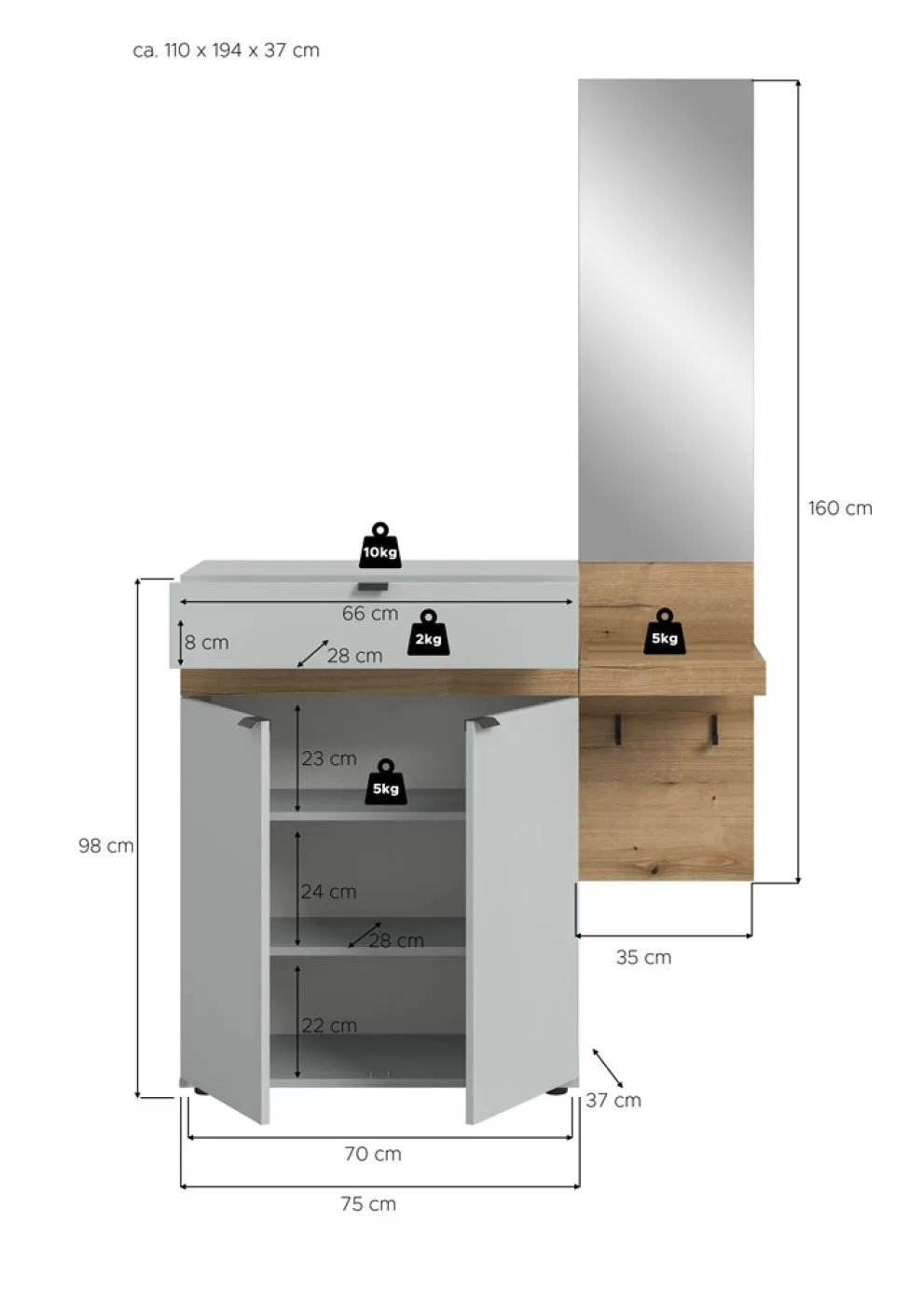 Garderoben-Set Naro 1 | weiß / Evoke Oak | 2-teilig