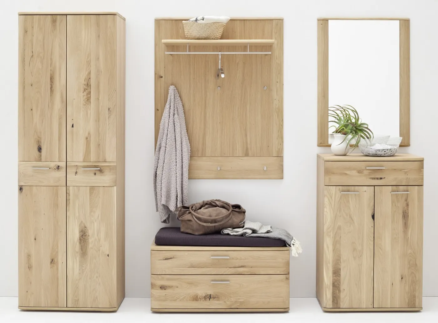 Garderoben Set Nilo | Balkeneiche Bianco | 5-teilig | Sitzkissen mit Sitzkissen